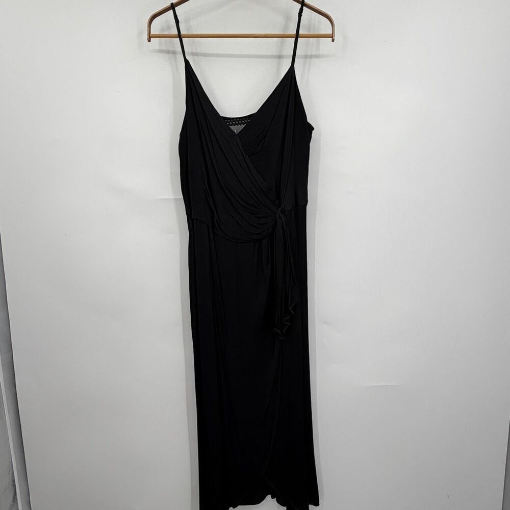 Anthropologie Giverny Midi Slip Dress Black Faux Wrap Draped Viscose Size 12